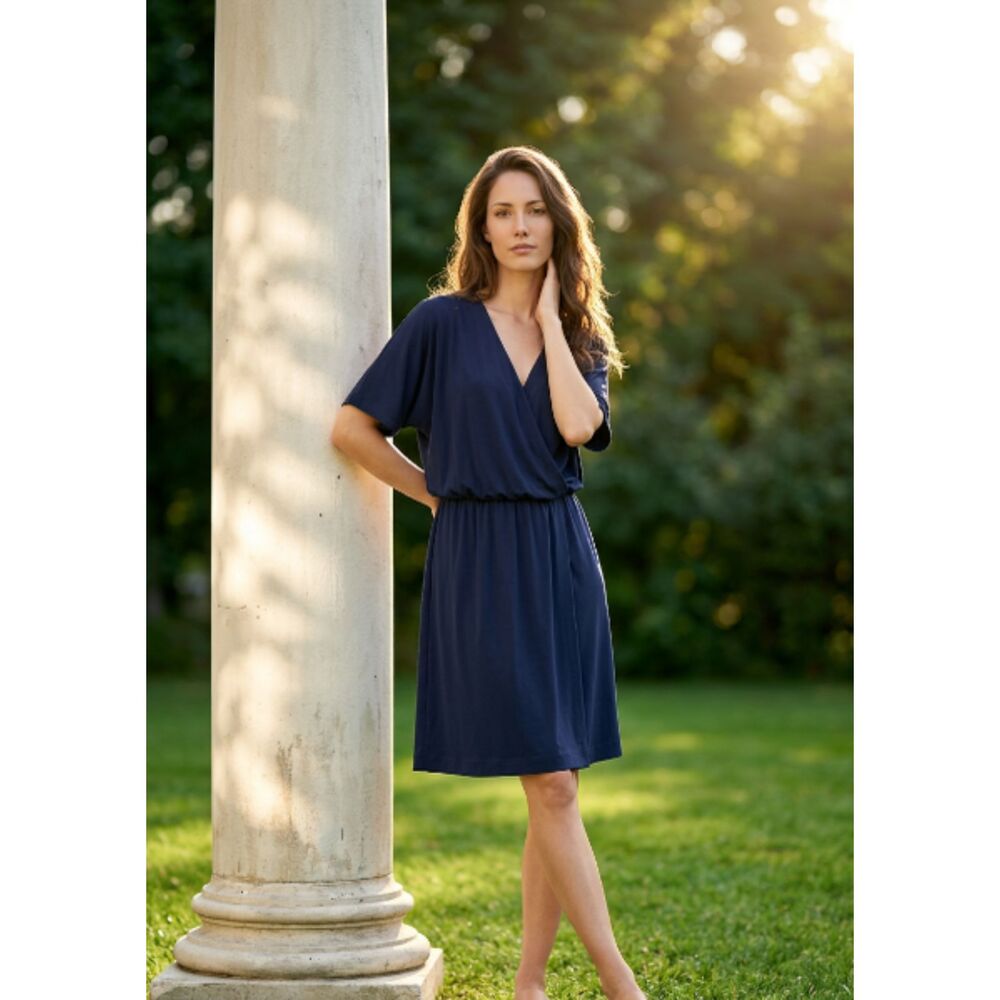 Blue Short Sleeve Surplice Neckline Dress